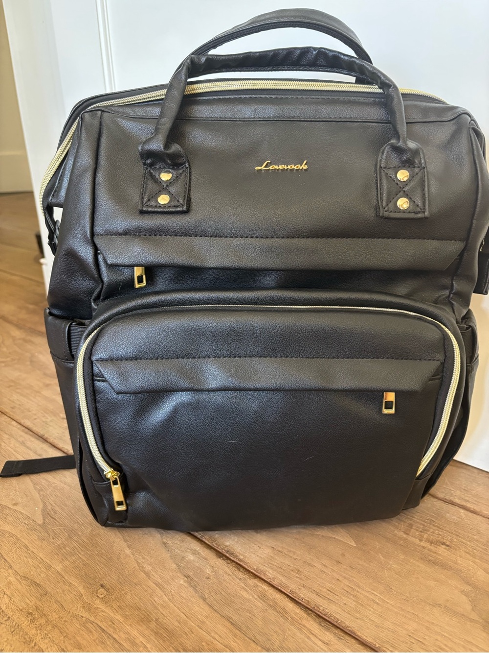 Lovevook Black Women's Faux Leather Backpack with Gold Accents